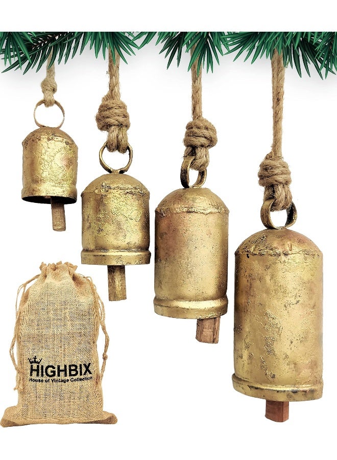 HIGHBIX Rustic Christmas Hanging Bells - Handmade Iron Bell Set on Jute Rope - Vintage Shabby Chic Door & Wall Decor - HIGHBIX Farmhouse Holiday Decoration (4) - Image 1